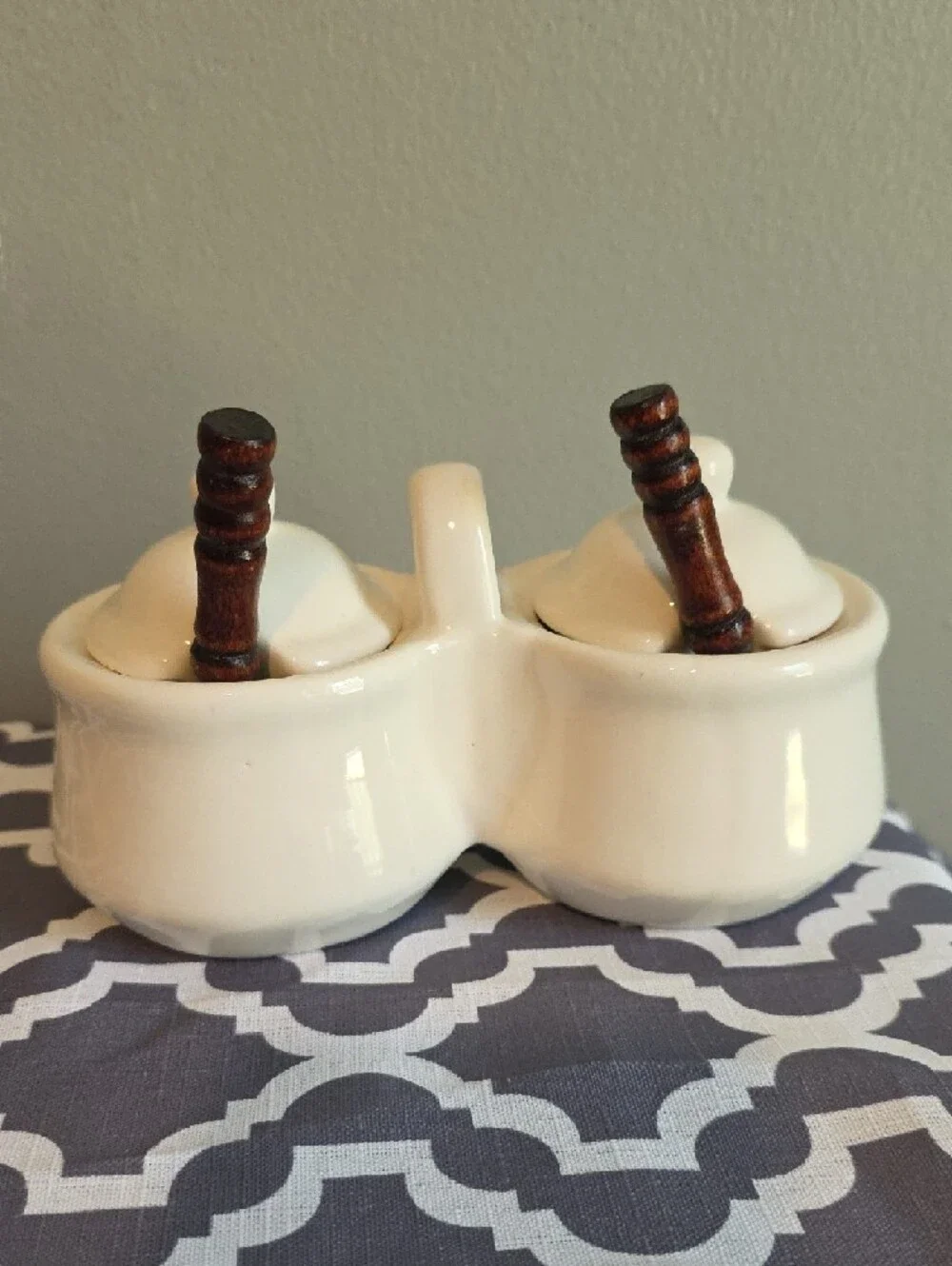 Ceramic Double Condiment Server in Cream with Wooden Spoons